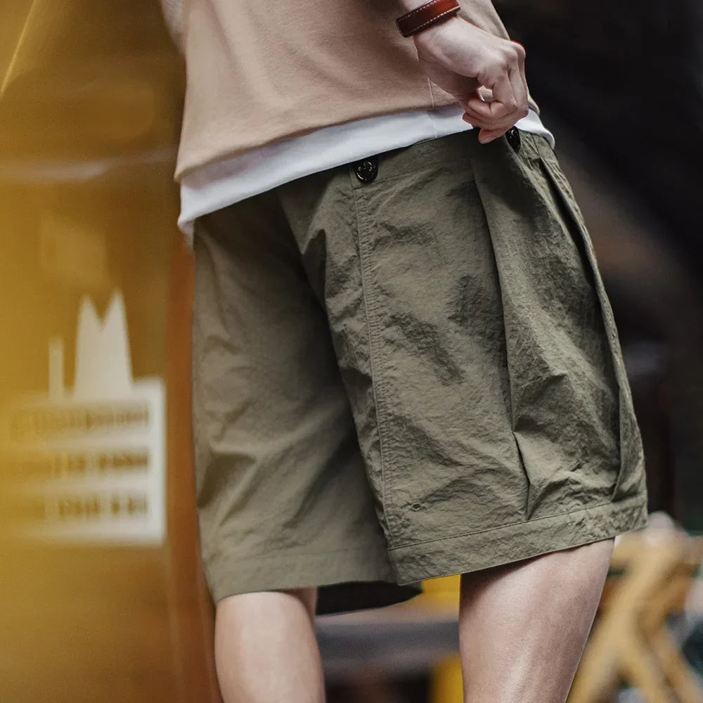 Casual Green Pocket Shorts Men's Summer Lightweight Woven Straight Leg Shorts Elastic Waist Retro Street Versatile Bottoms