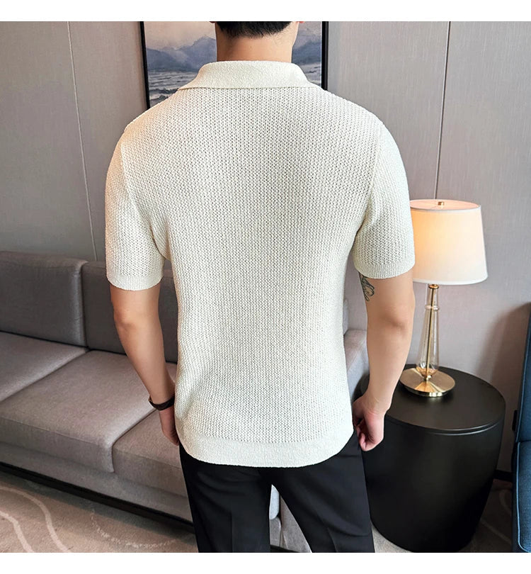 Hollow Knitted Short-Sleeved T-shirt, V-neck Brown Polo Shirt, High-End Quality, Cool, Luxury Genuine Goods，Slim Top