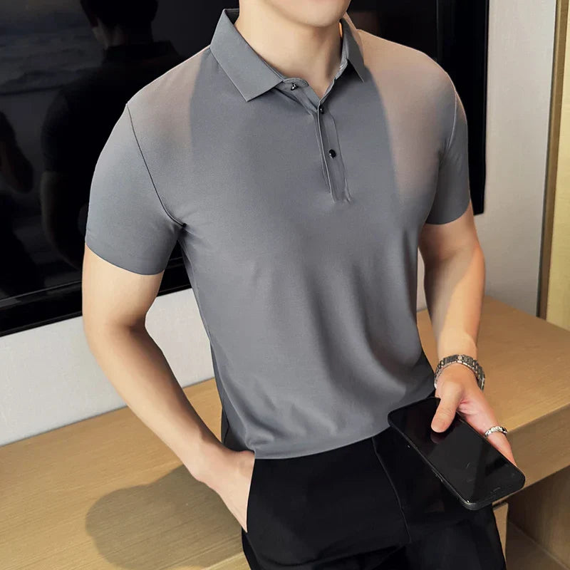 Ice Silk High Elastic Seamless T-shirt ,Summer Thin Polo Shirt, Solid Color Polo Collar Short Sleeve Brown Top, Business Leisure