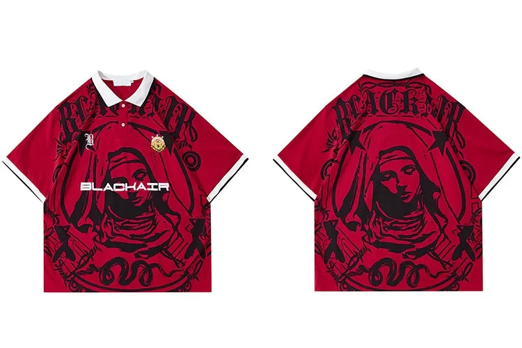 Hip Hop Streetwear Polo T-Shirt Virgin Mary Graphic T Shirt Men Polo Shirt Short Sleeve Harajuku Cotton Tops Tees Red Grey
