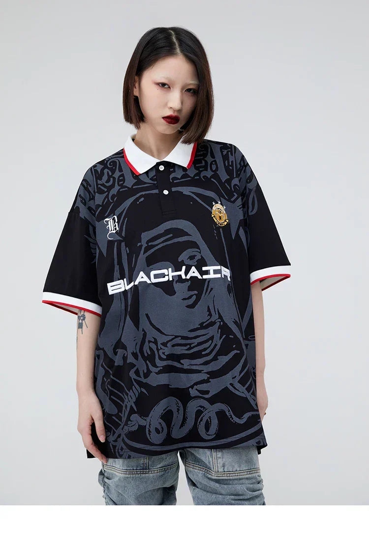 Hip Hop Streetwear Polo T-Shirt Virgin Mary Graphic T Shirt Men Polo Shirt Short Sleeve Harajuku Cotton Tops Tees Red Grey