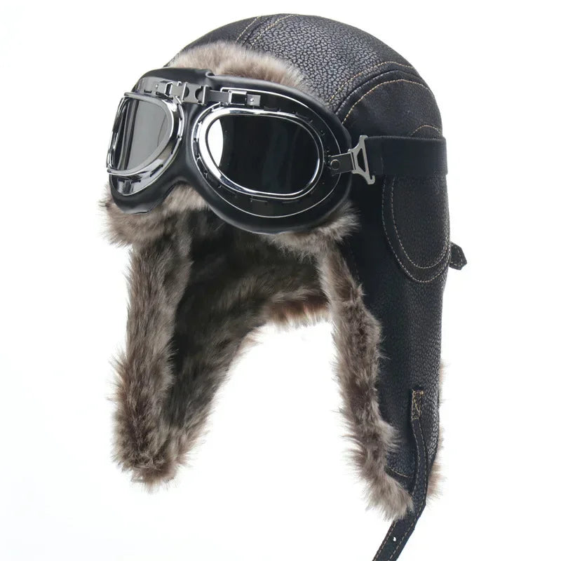 Winter Men Bomber Hat With Goggles Outdoor Motorcycle Windproof Warm Faux Fur Pilot Earflap Hat Leather Thermal Ushanka