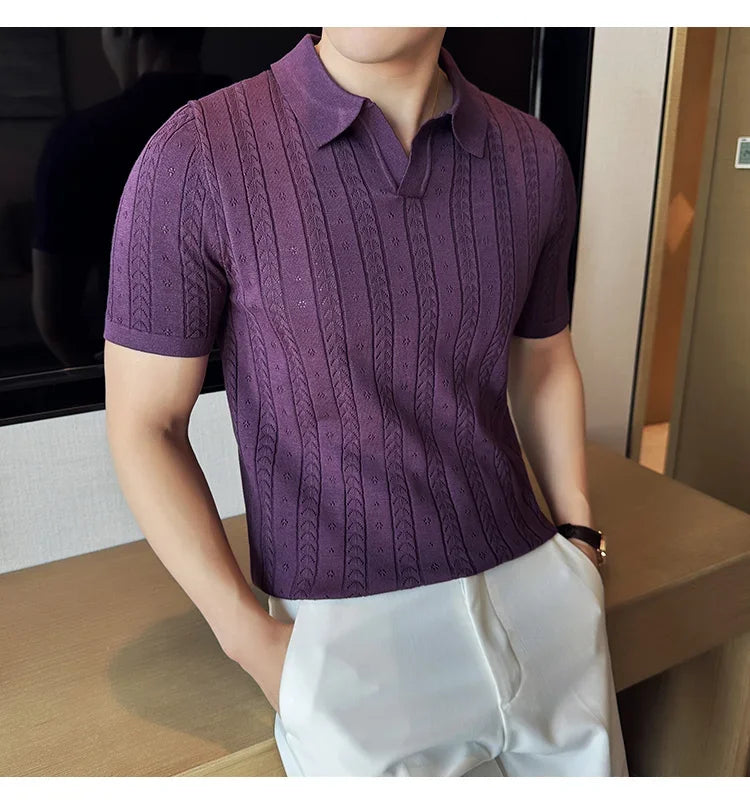 Men's Polo Shirt, Striped Jacquard Knit Short Sleeve, T-shirt V-neck Solid Color Elastic Top 2024. M-3XL,Summer Purple Thin