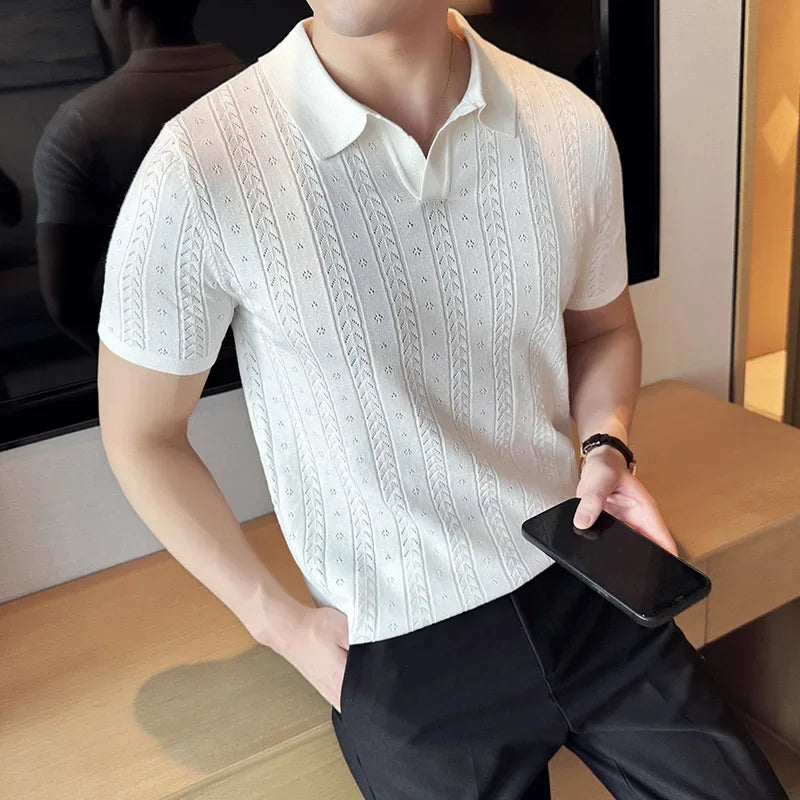 Men's Polo Shirt, Striped Jacquard Knit Short Sleeve, T-shirt V-neck Solid Color Elastic Top 2024. M-3XL,Summer Purple Thin