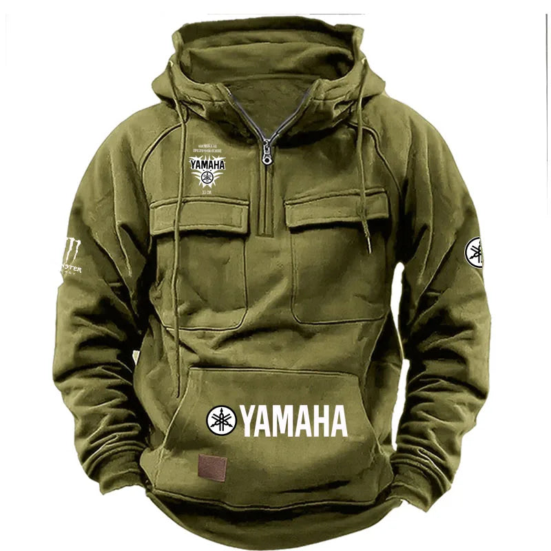 logo Men's Loose Fleece-lined Hoodie Jacket with Multiple Pockets Retro American Style Spring Autumn Winter Casual Outerw