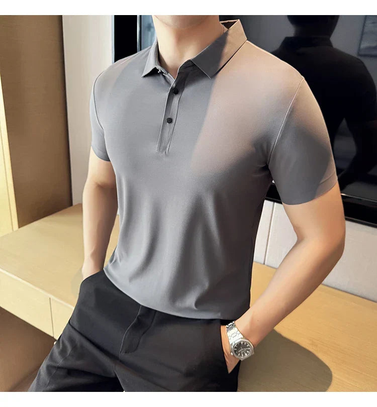 Ice Silk High Elastic Seamless T-shirt ,Summer Thin Polo Shirt, Solid Color Polo Collar Short Sleeve Brown Top, Business Leisure
