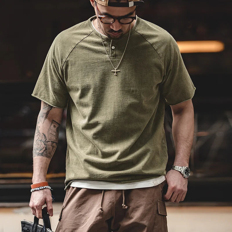 Japanese Vintage Heavyweight Henley T-Shirt Men Distressed Loose Short Sleeve Tops Casual Button Cotton Washed Tee Shirts