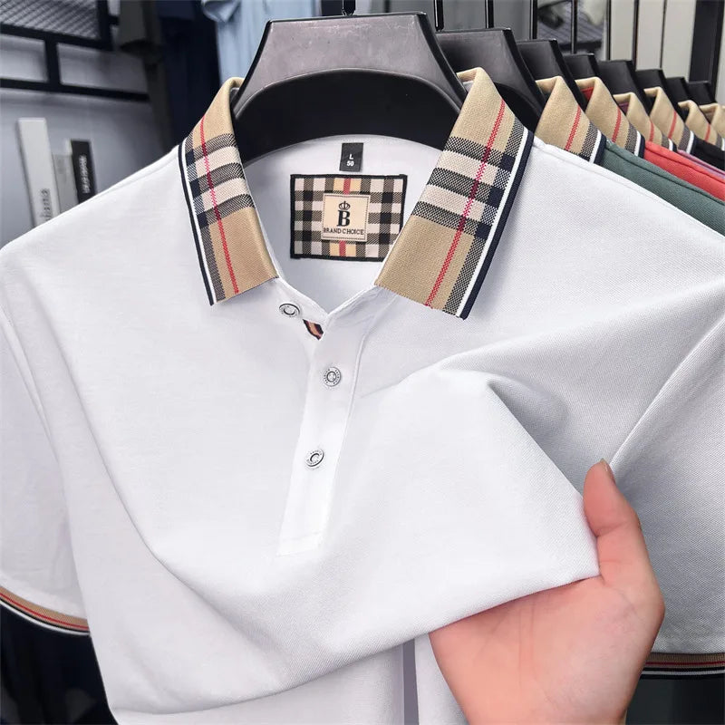 High end silky cotton breathable short sleeve polo shirt men's summer new trend plaid lapel designer brand casual golf T-shirt