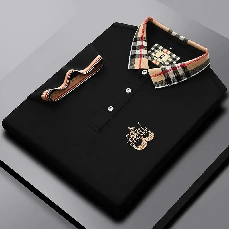 Luxury brand short sleeve men's polo shirt summer high-end fashion plaid embroidery lapel casual T-shirt breathable cotton top