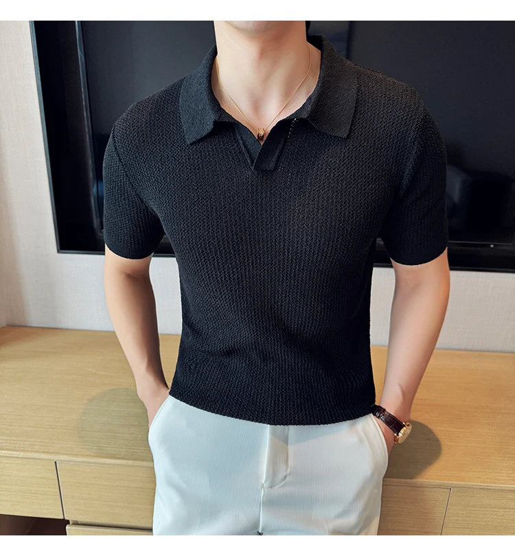 Hollow Knitted Short-Sleeved T-shirt, V-neck Brown Polo Shirt, High-End Quality, Cool, Luxury Genuine Goods，Slim Top