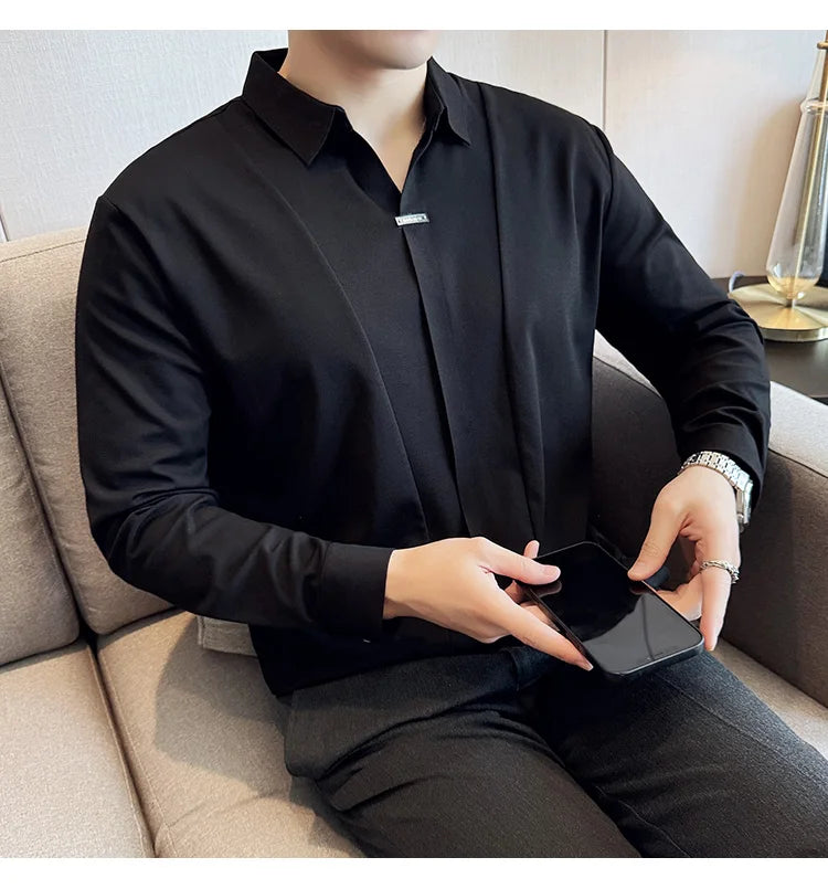 Stitching Special V-neck Long-Sleeved Polo Shirt, Men's High-Grade Elasticity Traceless Lapel T-shirt, Royal Blue Seamless Top