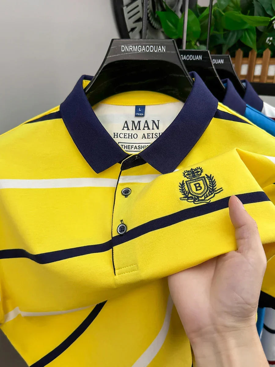 Fashion striped short sleeve men polo shirt summer trend brand letter embroidery design business casual breathable Paul T-shirt