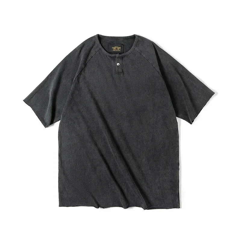Japanese Vintage Heavyweight Henley T-Shirt Men Distressed Loose Short Sleeve Tops Casual Button Cotton Washed Tee Shirts