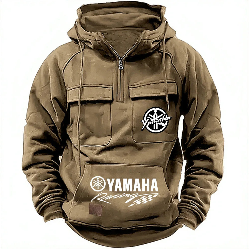logo motorcycle racing competition 2026 new men's multi pocket zipper outdoor sports hooded sweatshirt