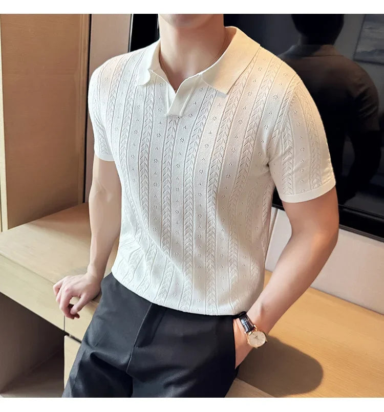 Men's Polo Shirt, Striped Jacquard Knit Short Sleeve, T-shirt V-neck Solid Color Elastic Top 2024. M-3XL,Summer Purple Thin