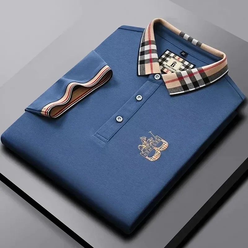 Luxury brand short sleeve men's polo shirt summer high-end fashion plaid embroidery lapel casual T-shirt breathable cotton top