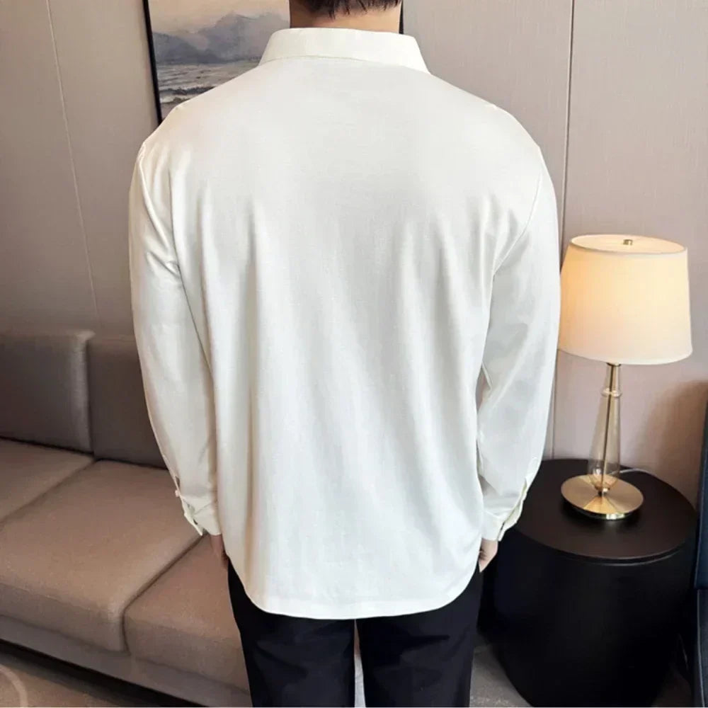 Stitching Special V-neck Long-Sleeved Polo Shirt, Men's High-Grade Elasticity Traceless Lapel T-shirt, Royal Blue Seamless Top