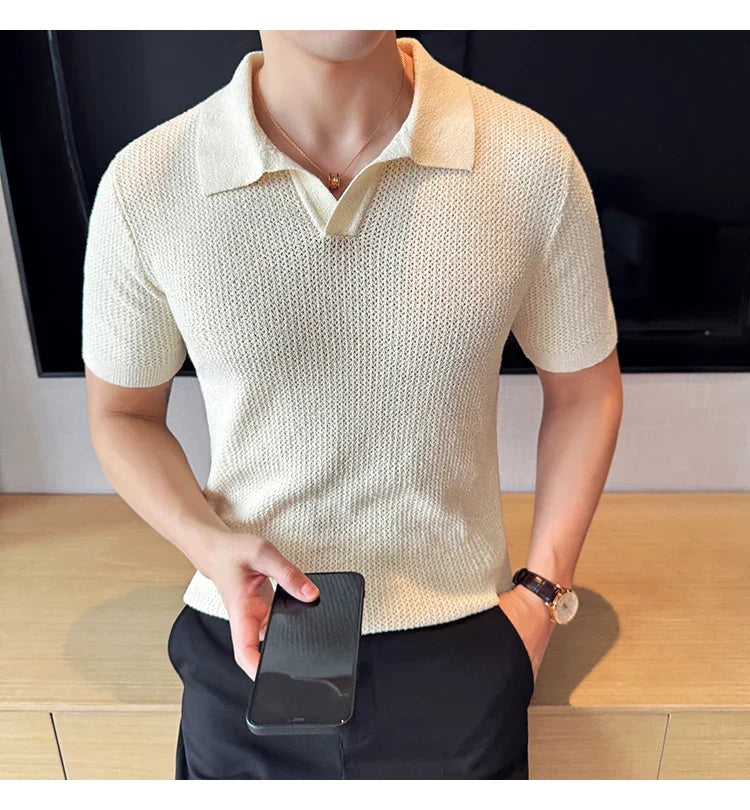 Hollow Knitted Short-Sleeved T-shirt, V-neck Brown Polo Shirt, High-End Quality, Cool, Luxury Genuine Goods，Slim Top