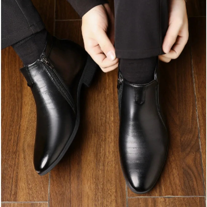 Men Handcrafted Leather Ankle Boots Side Zipper Pointed Toe Chelsea Boots Comfortable Non-slip Formal Business Casual Shoes 2026