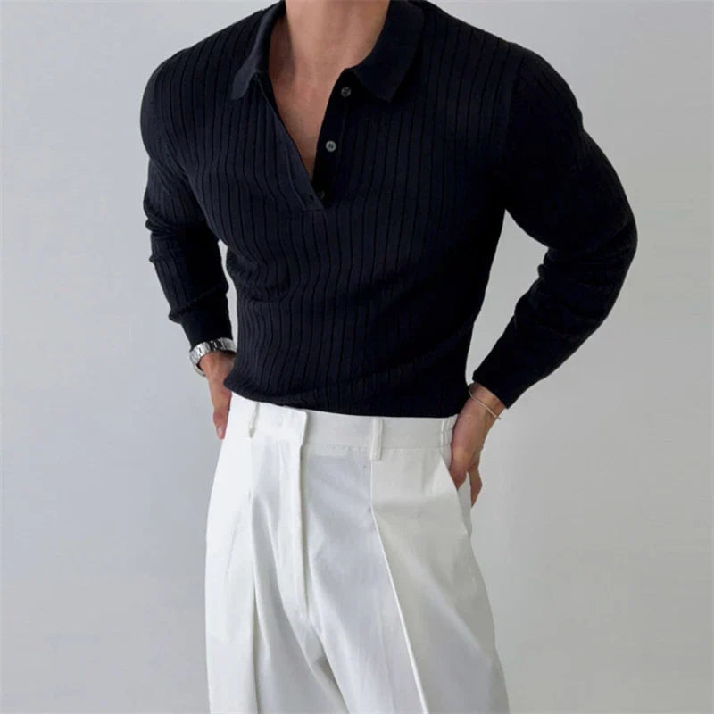Striped Polo Shirt for Business and Casual Occasionsmen Breathable  Stretchy Slim  Knitted Pullover, Long-sleeve Sweater