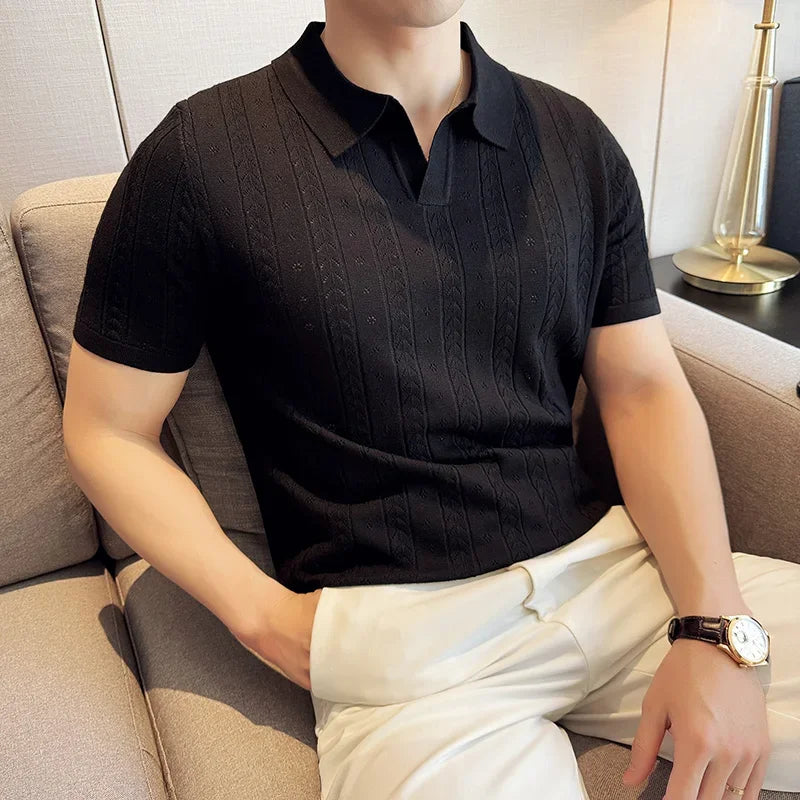 Men's Polo Shirt, Striped Jacquard Knit Short Sleeve, T-shirt V-neck Solid Color Elastic Top 2024. M-3XL,Summer Purple Thin