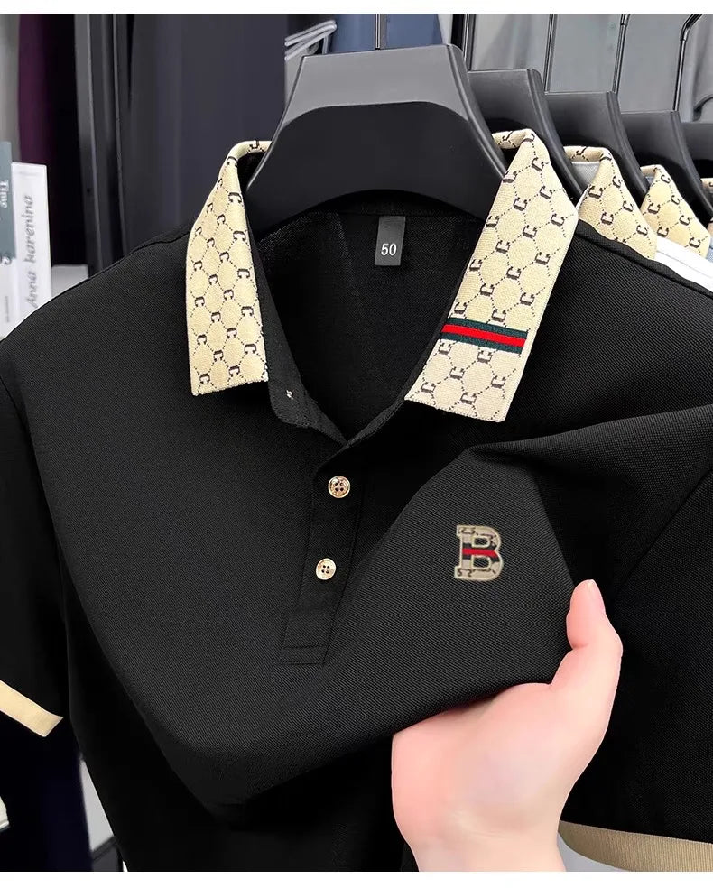 Luxury brand B letter embossed short sleeve polo shirt men summer lightweight breathable new fashion color blocked lapel T-shirt
