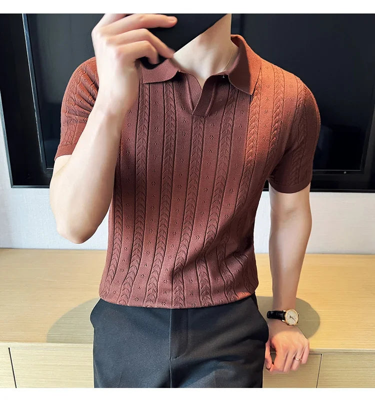Men's Polo Shirt, Striped Jacquard Knit Short Sleeve, T-shirt V-neck Solid Color Elastic Top 2024. M-3XL,Summer Purple Thin