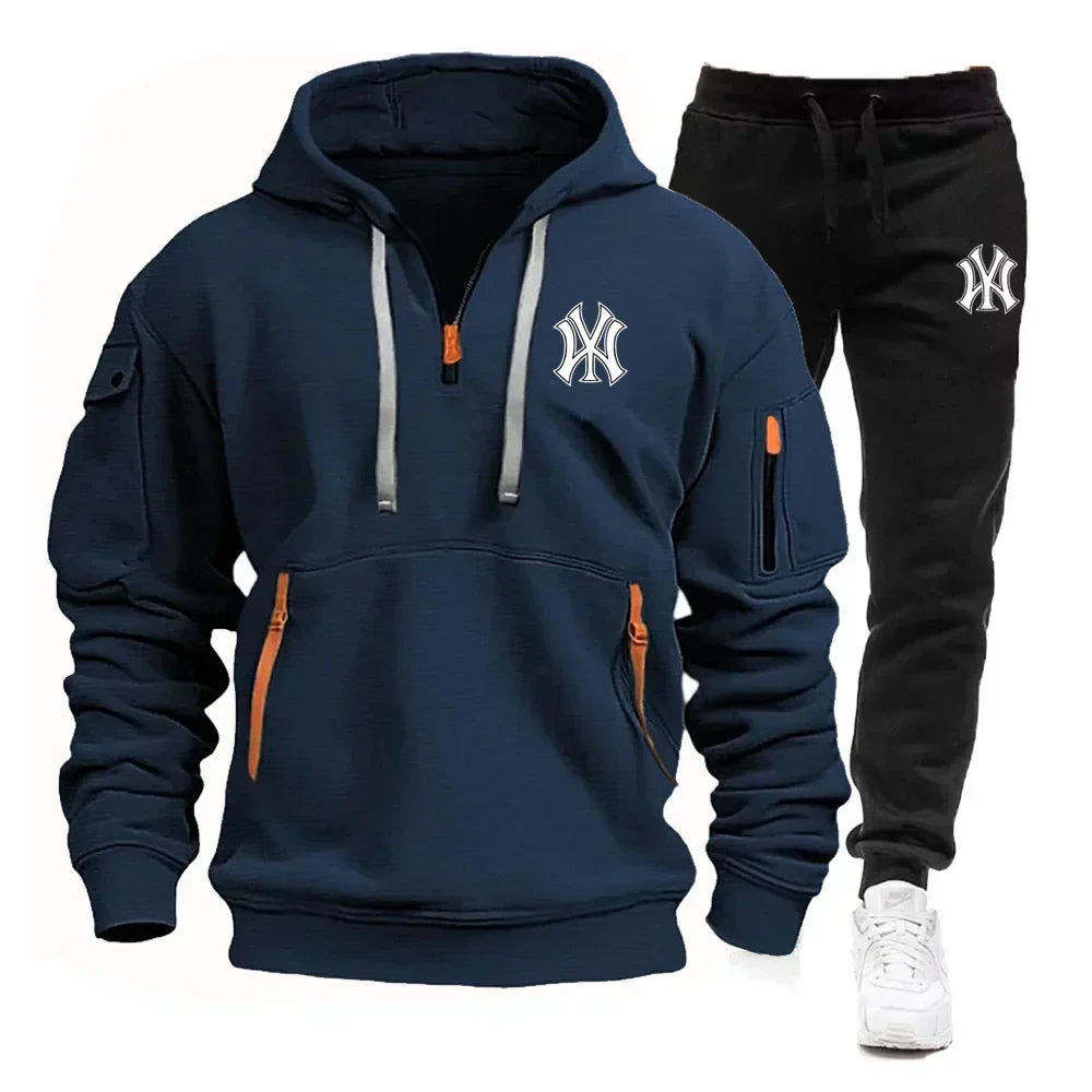 A stylish, casual and fitness two-piece set for men's autumn and winter 2025: zipper hoodie, long-sleeved pullovers and jogging