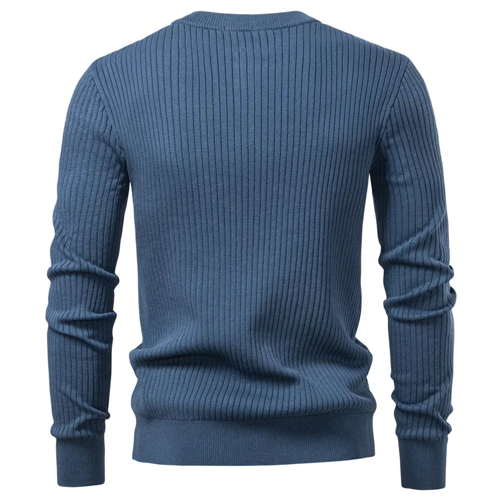 Button Placket Polo Shirt Men Ribbed Stripe Long Sleeve Contemporary Fit Minimalist Autumn Winter Premium Business Top