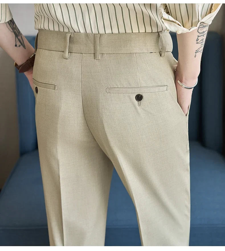 British Style Elastic Waist Men's Casual Slim Fit Trousers Summer High Quality Business Office Dress Wedding Party Suit Pants