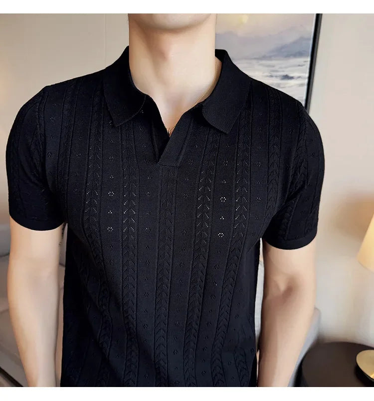Men's Polo Shirt, Striped Jacquard Knit Short Sleeve, T-shirt V-neck Solid Color Elastic Top 2024. M-3XL,Summer Purple Thin