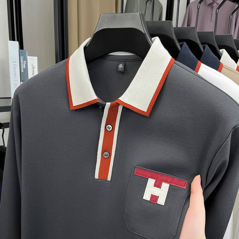 Light Luxury Fashion 100% Pure Cotton Polo Shirt Men's Long Sleeved Autumn New Item Middle-aged Dad Collar Base T-shirt