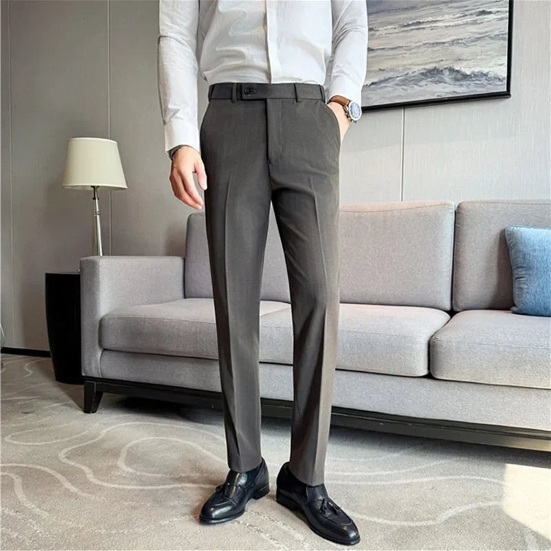 Autumn Winter Thicken Elastic Waist Casual Suit Pants High Quality Men Woven Dark Striped Slim Fit Office Social Dress Trousers