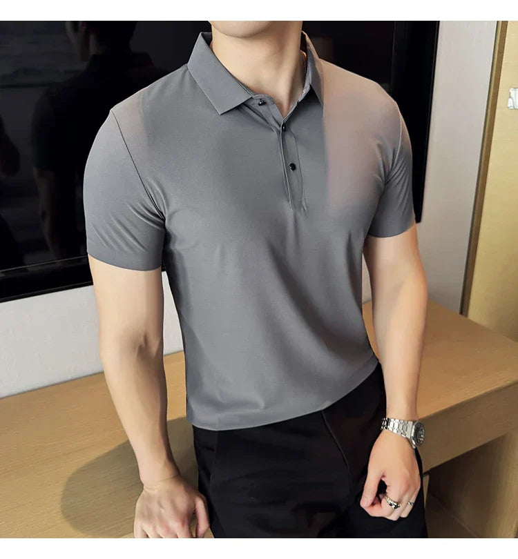 Ice Silk High Elastic Seamless T-shirt ,Summer Thin Polo Shirt, Solid Color Polo Collar Short Sleeve Brown Top, Business Leisure