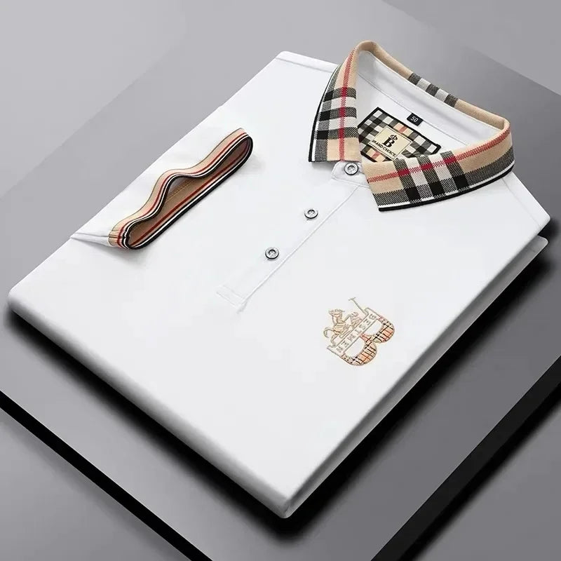Luxury brand short sleeve men's polo shirt summer high-end fashion plaid embroidery lapel casual T-shirt breathable cotton top