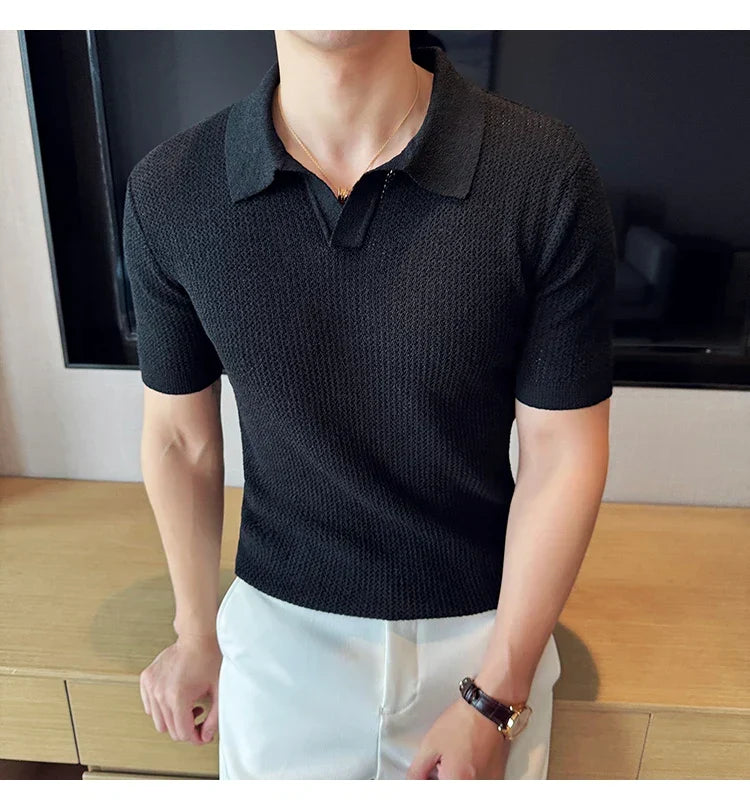 Hollow Knitted Short-Sleeved T-shirt, V-neck Brown Polo Shirt, High-End Quality, Cool, Luxury Genuine Goods，Slim Top