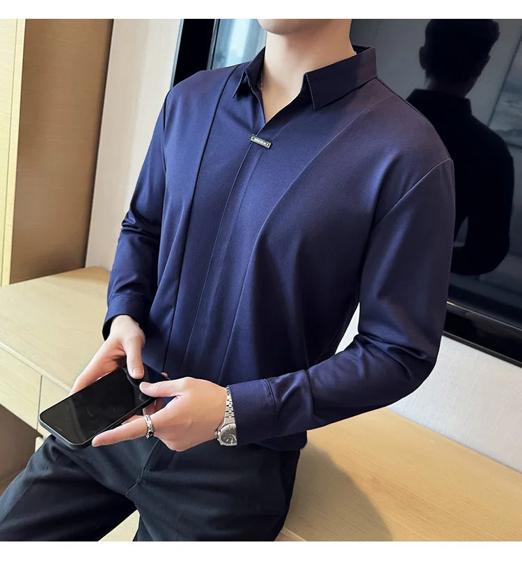 Stitching Special V-neck Long-Sleeved Polo Shirt, Men's High-Grade Elasticity Traceless Lapel T-shirt, Royal Blue Seamless Top