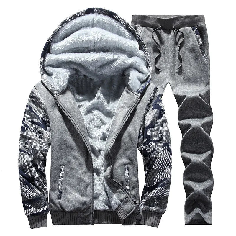 Winter Thick Men Sports Suit Men Tracksuit Hooded Sportswear Zipper Cardigan Hooded Woolen Trousers Pants Casual Men Fleece Set