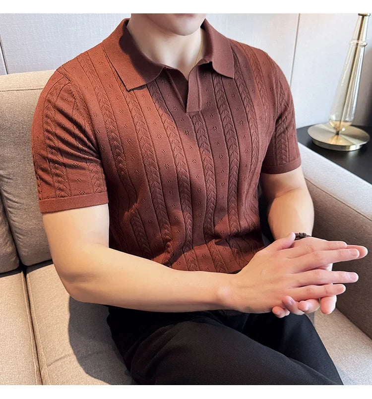 Men's Polo Shirt, Striped Jacquard Knit Short Sleeve, T-shirt V-neck Solid Color Elastic Top 2024. M-3XL,Summer Purple Thin