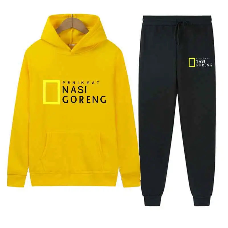 Autumn Men Gray Blue Casual 2PC Sets Trend Hoodie Tops Slim Pants Warm Sweatshirts Street Fashion Concise Printed Sports Suit