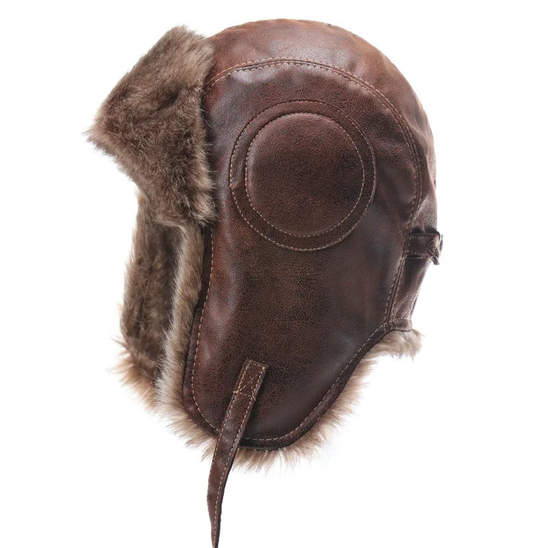 Men Winter Bomber Hat With Goggles Outdoor Motorcycle Windproof Warm Faux Fur Pilot Earflap Hat Leather Thermal Ushanka
