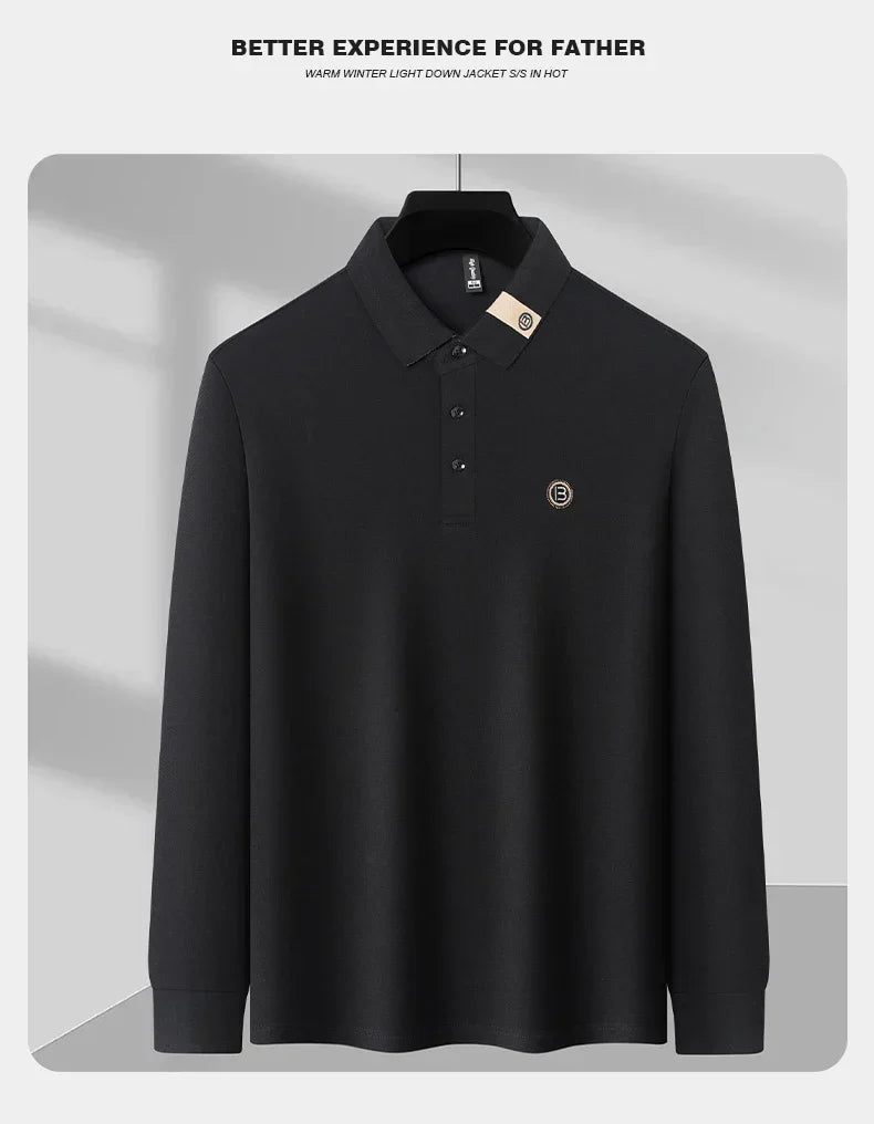 High end letter embroidery brand men's long sleeved polo shirt 2024 Spring and Autumn new comfortable 100% cotton casual T-shirt