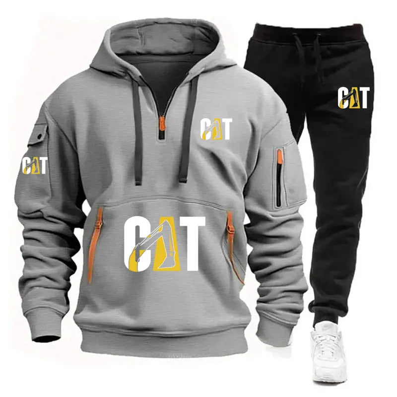 Spring new men's fashion sportswear set: multi-pocket zipper jacket + casual long pants, large-sized loose fashion sweatshirt 2-