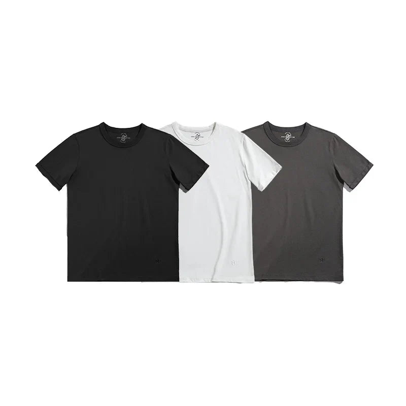Summer Solid Color Short Sleeve T-Shirts 100% Cotton Round Neck Tees with Rolled Edge Cuffs Casual Tops for Men