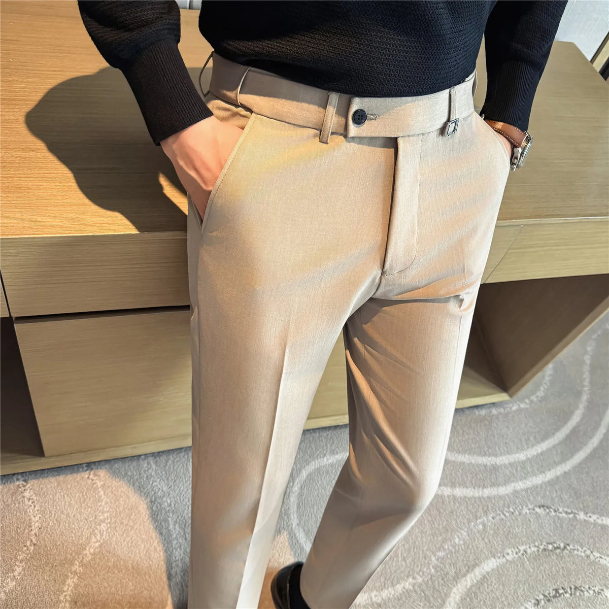 High Quality Invisible Elastic Waist Business Casual Suit Pants Built-in Anti Slip Strip Slim Fit Office Social Dress Trousers