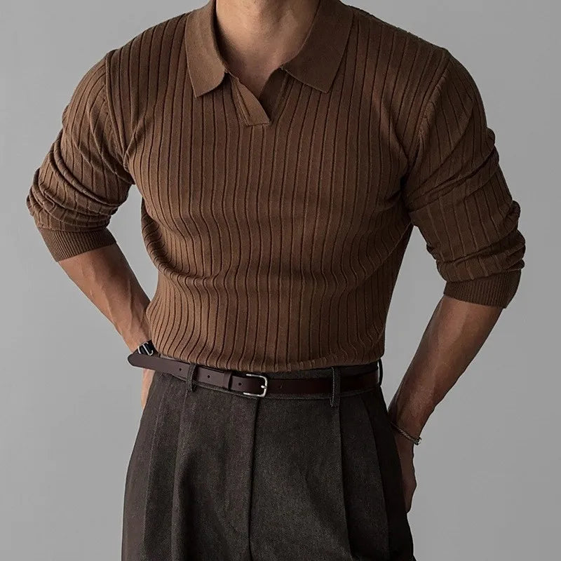 Men's Fashion Luxury V-neck Knitted Jacquard Polo Shirt Solid Color Long-sleeved Korean Popular Leisure Knitwear 2025 New Autumn
