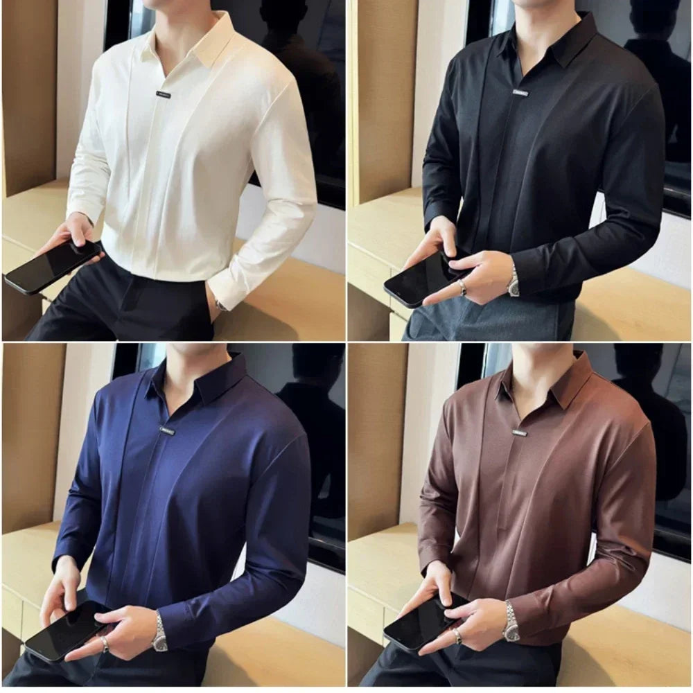Stitching Special V-neck Long-Sleeved Polo Shirt, Men's High-Grade Elasticity Traceless Lapel T-shirt, Royal Blue Seamless Top