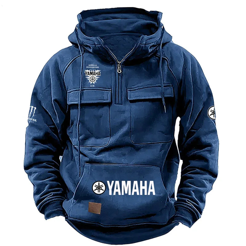 logo Men's Loose Fleece-lined Hoodie Jacket with Multiple Pockets Retro American Style Spring Autumn Winter Casual Outerw