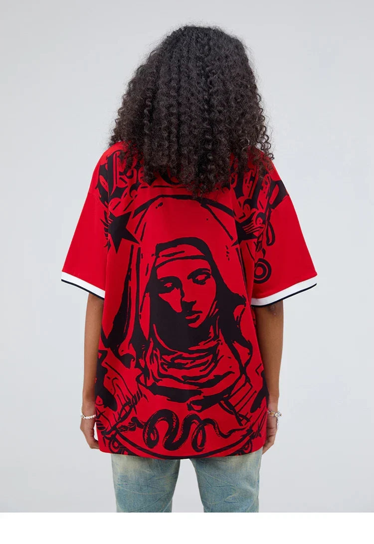 Hip Hop Streetwear Polo T-Shirt Virgin Mary Graphic T Shirt Men Polo Shirt Short Sleeve Harajuku Cotton Tops Tees Red Grey