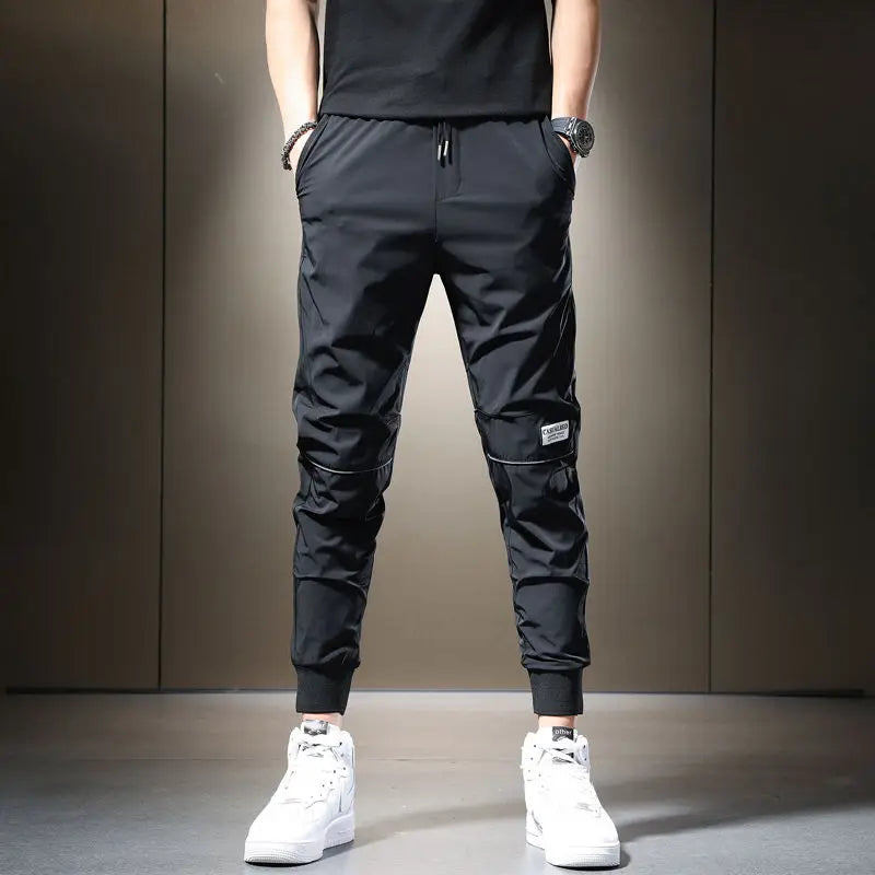 Summer 2023 Men's Casual Pants Black Grey Drawstring Joggers Lightweight Breathable Quick Dry Trousers Ice Silk Sportswear Man